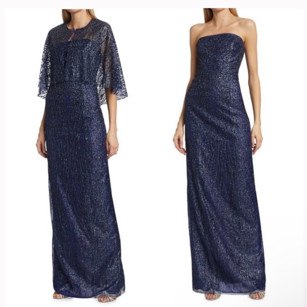 Marchesa Notte Navy Sequin Gown with Cape